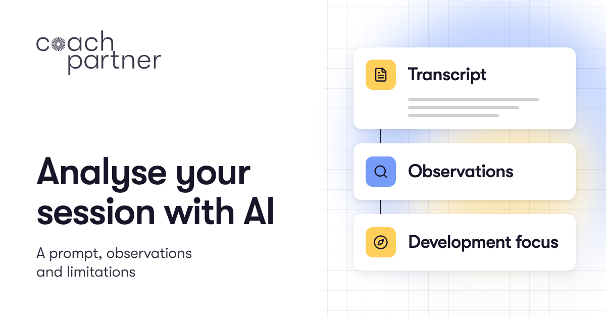 CoachPartner cover “Analyse your session with AI: a prompt, observations and limitations”, with three steps: transcript, observations, development focus.